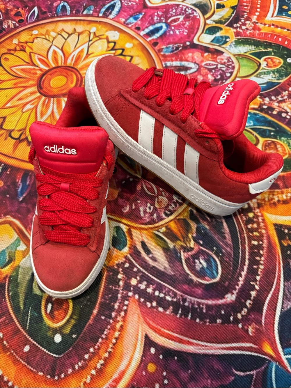 Adidas Women’s Red Suede Sneakers with Iconic White Stripes